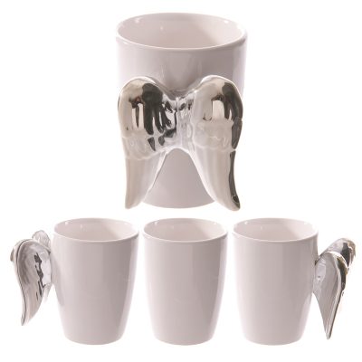 Shaped Handle Ceramic Mug - Silver Angel Wings