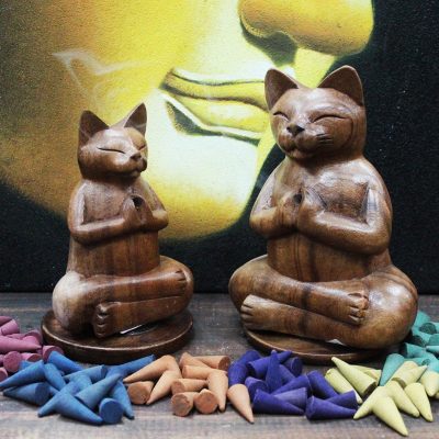 Wooden Carved Incense Burners - Med Yoga Cat
